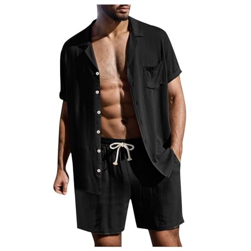 QJDFLL Zweiteiler Herren Leinenanzug Sommer Kurz Schlafanzug Mode Einfarbig Sommeranzug mit Kurzarm Leinenhemd und Leinen Shorts Schlichter Sets Leicht Luftig Strandanzug(Schwarz #2,XXL)
