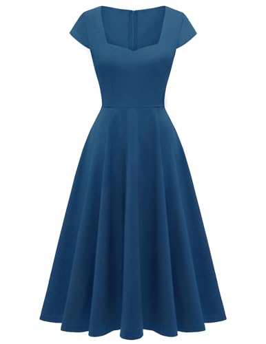 Berylove Abendkleider Elegant Lang Rockabilly Kleider Damen Vintage Kleid mit Herausschnitt 8009 Dustyblue S