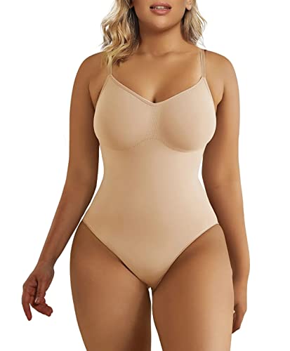 SHAPERX Bodysuit Figurenformend Damen Body Shaper Bauchweg Sculpting Shapewear Tanga Ganzkörper Formende Bodys Verstellbarer Schultergurt, UK-SZ5215-Beige-L/XL