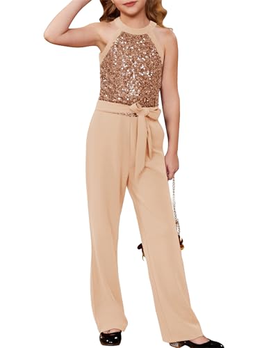 GRACE KARIN Mädchen-Overall mit Glänzenden Pailletten Ärmellos Neckholder Strampelanzug Hohe Taille Weites Bein Jumpsuit Gold 6-7 Jahre