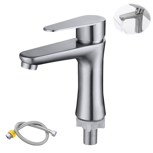 PLLYPE Kaltwasserhahn Gäste WC, Klein Wasserhahn Kaltwasser, Gäste WC Bad Kaltwasserarmatur, Edelstahl Kaltwasserhahn, Einhebel Wasserhahn Bad, mit 60cm Anschlussschlauch, für Bad, Gäste WC