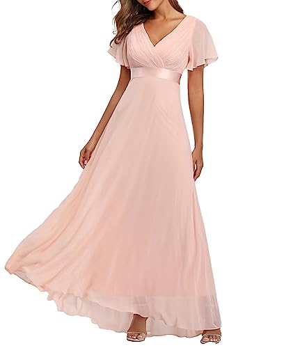 ECDAHICC Damen Abendkleider Gürtel V-Ausschnitt Hohe Taille A-Linie Chiffon Brautjungfernkleid Elegant Lang Ballkleid(PI,M)