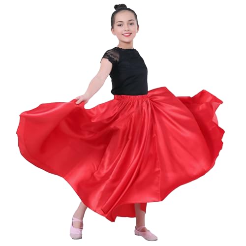 Baisdan Bauchtanzrock für Mädchen, glänzender Satin, voller langer Rock für Flamenco-Tanz-Performance-Kostüm, rot, 5- 7 Jahre