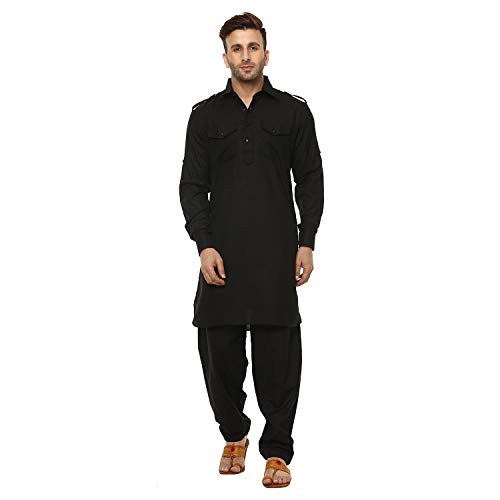 Royal Kurta Herren Baumwolle Pathani Anzug, Schwarz, 44