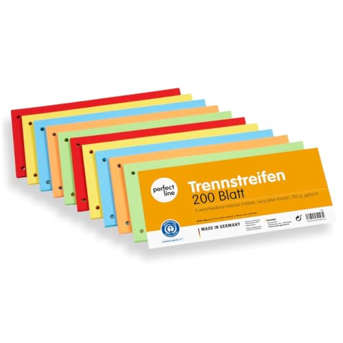 perfect line 200 Trennstreifen für Ordner A4, Trennblätter aus Recycling-Karton, MADE IN GERMANY, 5 Farben, gelocht