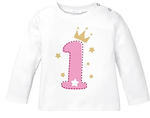 MoonWorks® Baby Langarm-Shirt 1. Geburtstag Zahl 1 BZW. 2 mit Krone Sternen Geburtstagsshirt Bio-Baumwolle 1 weiß-rosa 80/86 (10-15 Monate)