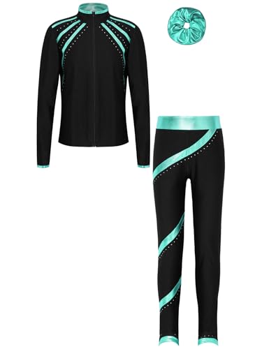 Freebily Kinder Mädchen Eiskunstlauf Anzug Glitzer Strass Jacke Hose Und Haargummi 3er Set Eislaufen Trainingsoutfit Sport Performance Tanzkleidung Blaugrün_S 134-140