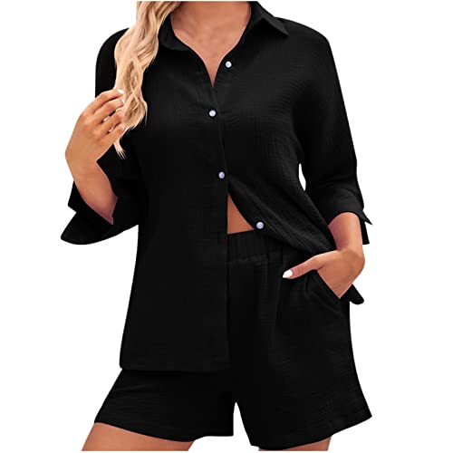 Sommer Zweiteiler Damen Musselin Bluse Hemd und Shorts 2 Teiler Elegant Baumwolle Lounge Set Casual Shorts Und Oberteil Strand Hosenanzüge Y2k Anzüge Loungewear Two Piece Streetwear…