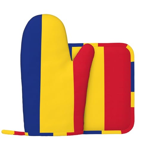 Ofenhandschuhe und Topfmatte aus Silikon, Motiv: Flagge von Rumänien, für professionelles Kochen und Backen