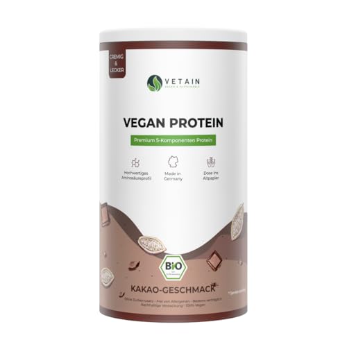 Vetain Vegan Protein Schokolade - Bio Veganes Proteinpulver - Bestens verträglich, natürlich lecker - Eiweiß ohne Süßungsmittel, Allergene - 600g