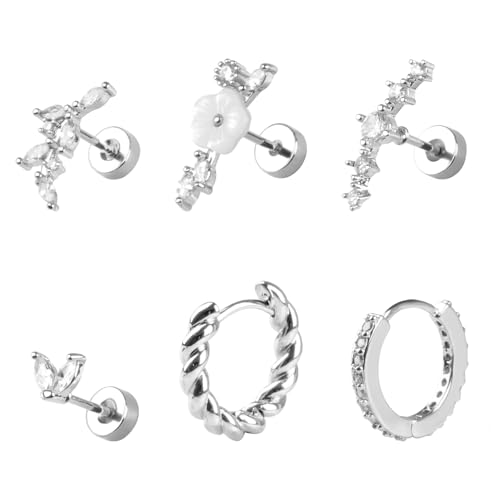 Maxmoc Helix Piercings Set, 6 Stück Ohrringe Silber, Ohrstecker Chirurgenstahl, Creolen Hypoallergen, Zirkonia Conch Piercing für Damen Mädchen Schmuck