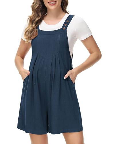 Maternity Sleeveless Rompers Wide Leg Button Up Elastic Waist Trendy Short Bib Overalls Jumpsuit with Pockets Dunkelblau M