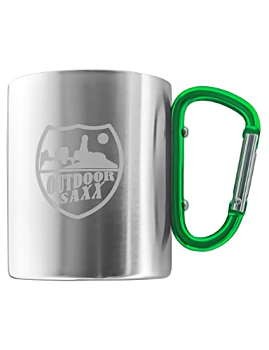 Outdoor Saxx Edelstahl Becher mit Karabiner Griff und Laser-Gravur (grün)