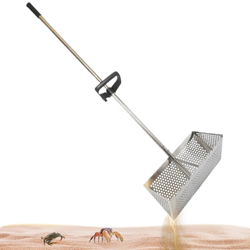 DAGLLGEW Sandflohrake, Edelstahl Strandsand Sifter mit 15,8 -Zoll -Haifischzahnkorb, Abnehmbarer Langer Griffsandrake für Strand, Sandfloh Rake