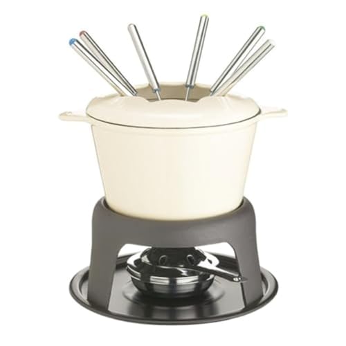 MasterClass Fondue-Set aus Gusseisen, Fondue-Topf mit 6 Gabeln und emaillierter Schüssel aus Gusseisen, hervorragende Wärmespeicherung und einstellbarer Brenner, Geschenkpackung, cremefarben, 21x18cm