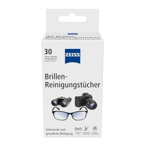 ZEISS Brillen-Reinigungstücher mit Alkohol 30 Stück zur schonenden & gründlichen Reinigung Ihrer Brillengläser - jedes Tuch einzeln verpackt - ideal für unterwegs oder auf Reisen