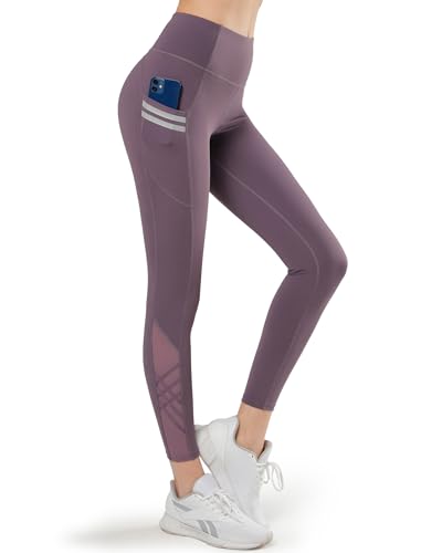 Yvette Damen Sport Leggings mit Tasche, high Waist Sporthose mit Mesh unter, Lila, M