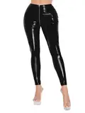 FEESHOW Damen Glänzend Leder Leggings High Waist Mit Reißverschluss Im Schritt Ouvert Shiny Lackoptik Hose Skinny PU Leder Strumpfhose Schwarz M