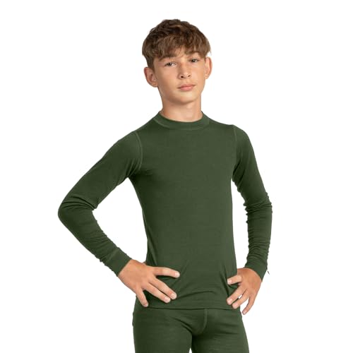 menique 100% Merinowolle Kinder Thermo Langarmshirt, Funktionsunterwäsche, Atmungsaktiv, Outdoor Shirt für Jungen & Mädchen, Wandern, Reisen, Radfahren, Sport, Unterhemd, Dunkelgrün, 122-128cm