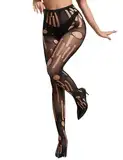 comeondear Sexy Strumpfhosen für Frauen Zerrissene Netzstrumpfhosen in Übergröße Elastische Fishnet Stockings Hohe Taille Große Größen Spitze Strapsstrumpfhosen Pantyhose Netz Leggings Schwarz,XS-M