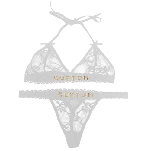 Personalized Thong and Bra Set with Hand Sewn Names On It Custom Name Underwear Sets for Women & Couples Damen Unterwäsche (White, One Size)