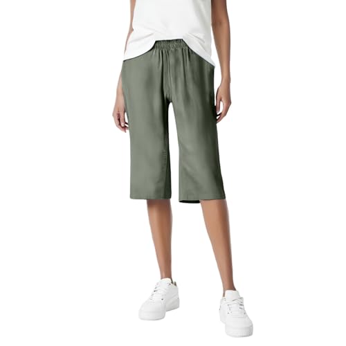 Damen Schwarze Hose Elegant für mit elastischer Taille entspannter Passform Kurze Schwarz(Armeegrün,L)