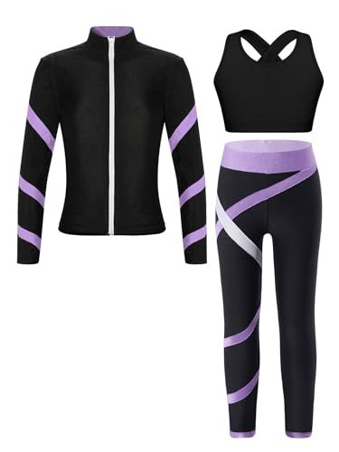 TiaoBug Mädchen Sport BH Jogginghose Sport Leggings Yoga Hose Trainingshose Sport Bustier ohne Bügel Yoga Fitness Training Bekleidung Set Schwarz Lila ZB 134-140