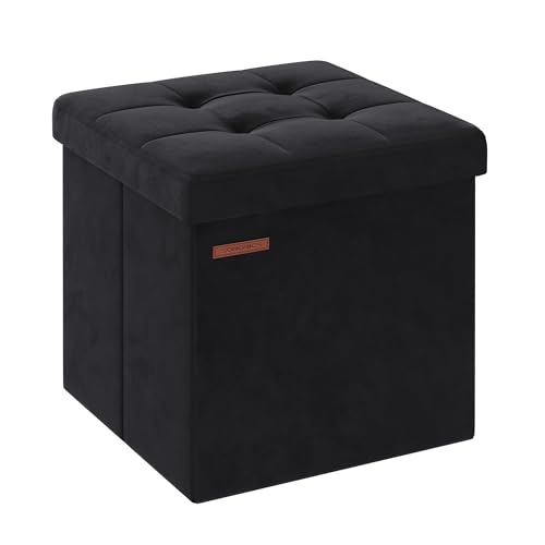 SONGMICS Sitzhocker mit Stauraum, kleine klappbare Sitzbank, 38 x 38 cm Fußbank, Aufbewahrungsbox, bis 300 kg belastbar, für Wohnzimmer Schlafzimmer Schlafsaal, tintenschwarz LSF227B01