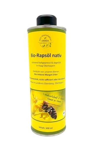 Bio-Rapsöl nativ 500 ml, kaltgepresst, angebaut und abgefüllt in Oberbayern, Naturland Landwirtschaft, für eine vegane und glutenfreie Ernährung geeignet