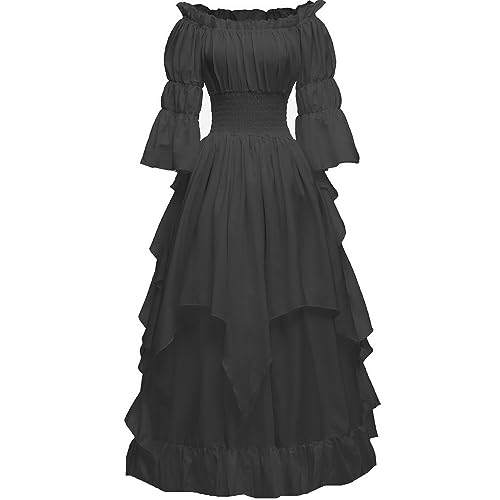 PLWEDDING Damen Gothic Hexen Kleid Mittelalter Renaissance Kostüm Viktorianisches Kleid(schwarz,2XL/3XL)