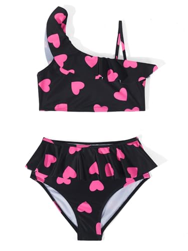 Haloumoning Mädchen Bikini Set Zweiteiliger Badeanzug Kinder Rüschen Herzform Tankini Strand Schwimmanzug, Schwarz, 5-6 Jahre