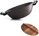 HSSBD Binaurales Gusseisen Non -Stick Wok Pan, unbeschichtete dicke runde Bodenpfanne mit Holzdeckel, Gusseisen, nicht leicht zu rosten, schwarz 36 cm Woks