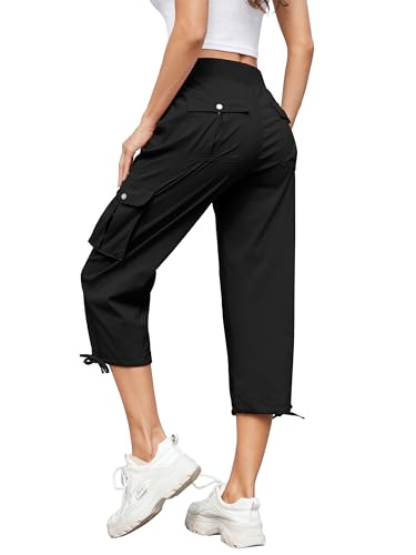 Hose Damen 3/4 Sommer Casual Cargohose Caprihose Jogginghose Comfy Stretch Leichte Outdoor Sport Reise Wanderhose Mit 6 Taschen (Schwarz, XL)