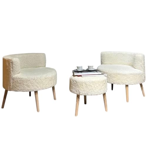 fashionshowcase 3-teiliges Lounge-Set, 2 Plüsch-Sessel mit Holzbeinen und Hocker, (Creme-Weiß)