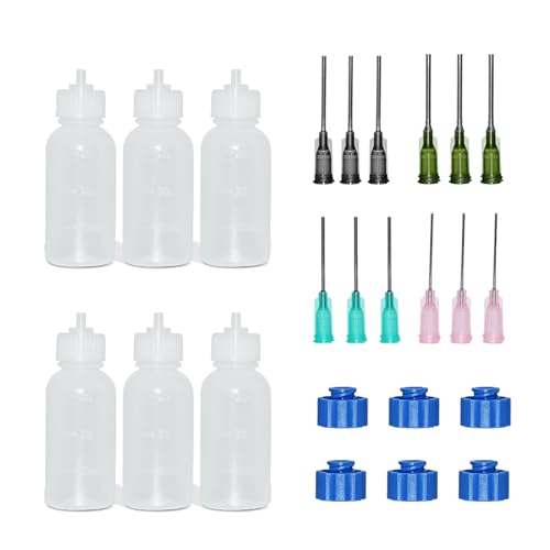 NCOALE 6 Stück Nadelflasche 30ml, Nadelflaschen Set mit 12 Dosiernadeln und 6 Kappen, Quetschflasche mit Feinen Spitzen, Präzisionsspitzen Applikator Flasche für DIY Craft Nachfüllkleber