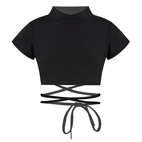 CHICTRY Mädchen Tops T-Shirt Crop Top Bauchfrei Oberteile Ballettkleidung mit Schnür Gymnastikanzug Tanz Top Sport Yoga Kleidung Gr. 98-164 A_Schwarz 158-164