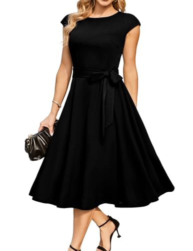 DRESSTELLS Cocktailkleid Damen Schwarz Elegant 1950er Knielang Rockabilly Hochzeitkleid Vintage Swing Festlich Midilang Abendkleid Kurz Sommer Kleid Black Size in M