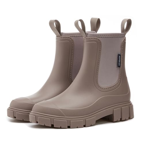 SmoothPace Gummistiefel Damen Gefüttert Wasserdicht Gummistiefeletten Halbhohe Chelsea Boots Rutschsicher Abriebfest Atmungsaktiv Regenschuhe Komfort Garten Stiefeletten Brown 40EU