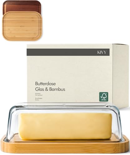 KIVY Butterdose Glas mit luftdichtem Deckel für streichzarte Butter - BPA Frei - Butterdosen - Butter dish - Butterschale mit Deckel - Butterdose mit Deckel - Butter Box Dose - Butterbox Bambus Holz