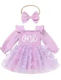 FYMNSI Baby M�dchen 1. Erster Geburtstag Outfit Schmetterling Langarm Weihnachten Partykleid Bodykleid Prinzessin T�ll Kleid Strampler mit Stirnband Herbst Winter Kleidung Fotoshooting Lila 9-12M