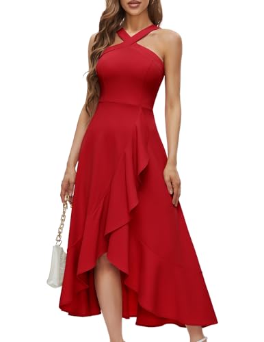 Bbonlinedress Sommerkleid Damen lang Abendkleider elegant für Hochzeit festliches Kleid Neckholder Strandkleid High Low Party Cocktailkleid Red L