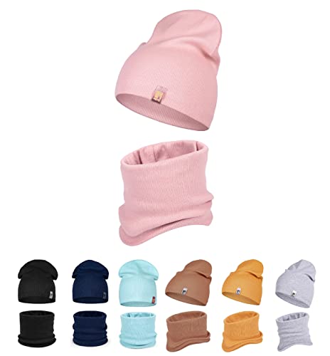 HEYO Kinder Beanie Mütze Schlauchschal Set für Mädchen Jungen Frühling Strickmütze Schal (Rosa)