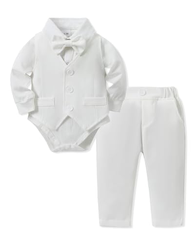 Amissz Baby Junge Anzug Taufe, Neugeborenen Taufanzug Hochzeitsoutfit Partei Babykleidung Strampler + Bowtie + Vest + Pants Set Weiß 0-3 Monate