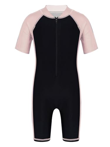 Mufeng Kinder Mädchen Badeanzug Einteiler Bademode Kurzarm Schwimmanzug mit Bein Neoprenanzug UV Schutz Schwimmen Badebekleidung A Rosa Schwarz B 152-164