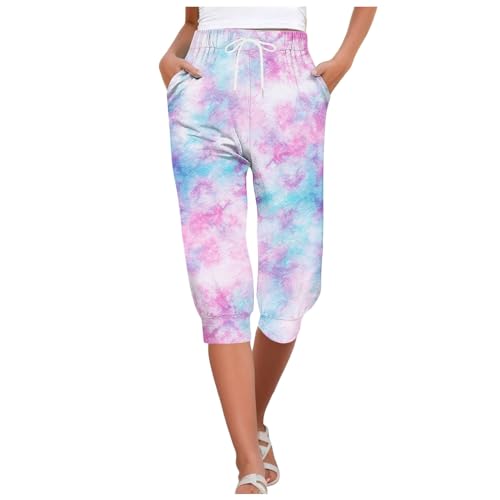 Generisch Sporthose Damen Jogginghose Jogginghose Capris für Frauen Print Hose Bottom Kordelzug Jogger Hosen Damen Locker Lässig Outdoorhose Damen Sommer Hell (Pink, M)