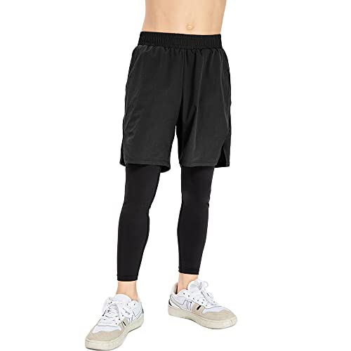 NCTCITY Kinder Sport Shorts Legging 2 in 1 Kompressionshose Laufshorts Leicht Kurz Sporthose Schnelltrocknende Trainingsshorts Atmungsaktiv Running Fitnesshose mit Tasche Basketballhose