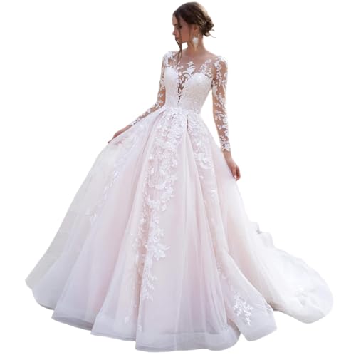 HUINI Brautkleid Standesamt Langarm Vintage Hochzeitskleid Boho Spitze Brautmode A-Linie mit Schleppe A-Weiß 46
