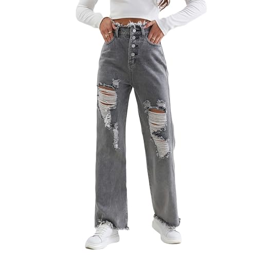 Eauptffy Jeanshosen für Teenager Mädchen Mode High Waist Asymmetrische Loch Jeans Casual Baggy Gerade Jeanshose Stretch Denim Pants Bootcut Jeans Bund Gerissen Lange Hose