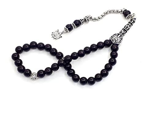 Gebetskette Tesbih Tasbih Tespih Misbaha Subha 33, 28cm, Muslimisches Islamic Rosenkranz Prayer Anbetungszubehör Halbedelstein Onyx Schawarz Perlen Kugel 8mm