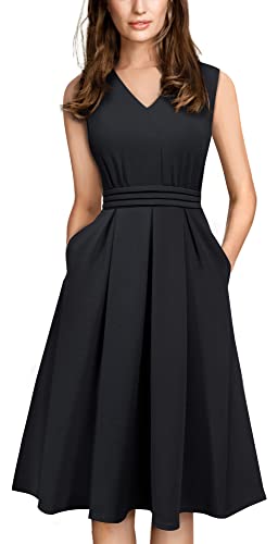 HOMEYEE Damen Vintage 50er Ärmellos Cocktail Retro mit Pocket Flared Kleid A196 (L, Schwarz)